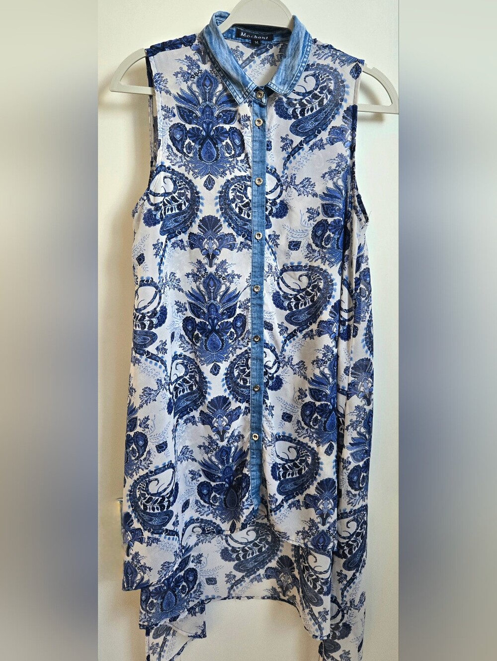 Mechant Blue and White Floral & Denim Trim Duster